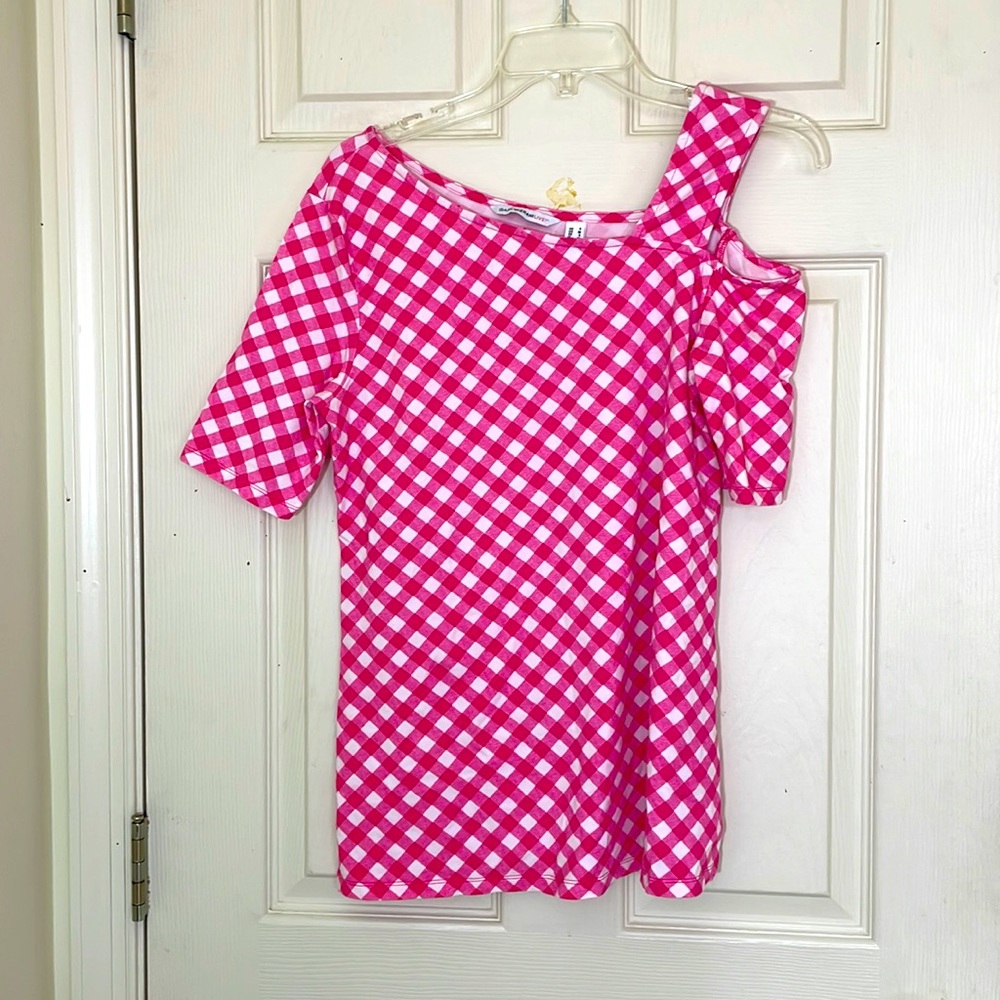 Isaac Mizrahi Cold Shoulder Holiday Top Pink & White Plaid Size Small